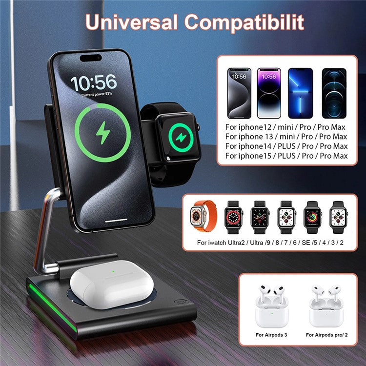 WIWU Wi-W023 For iPhone 12-15 Series iWatch AirPods 3-in-1 Desktop Charging Stand 15W Phone Magnetic Wireless Charger