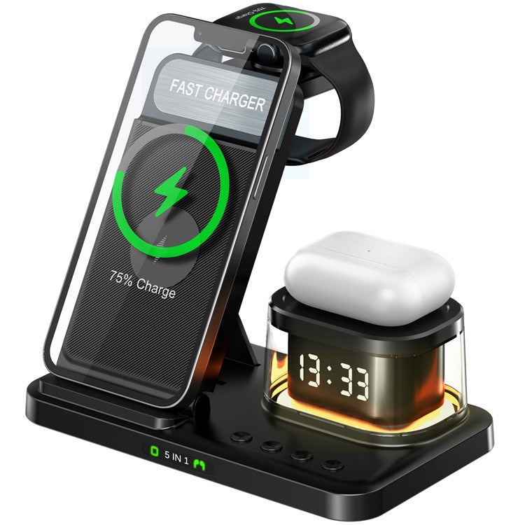 HYY-H33 5-in-1 15W Wireless Charger Folding Charging Station with Night Light - Black