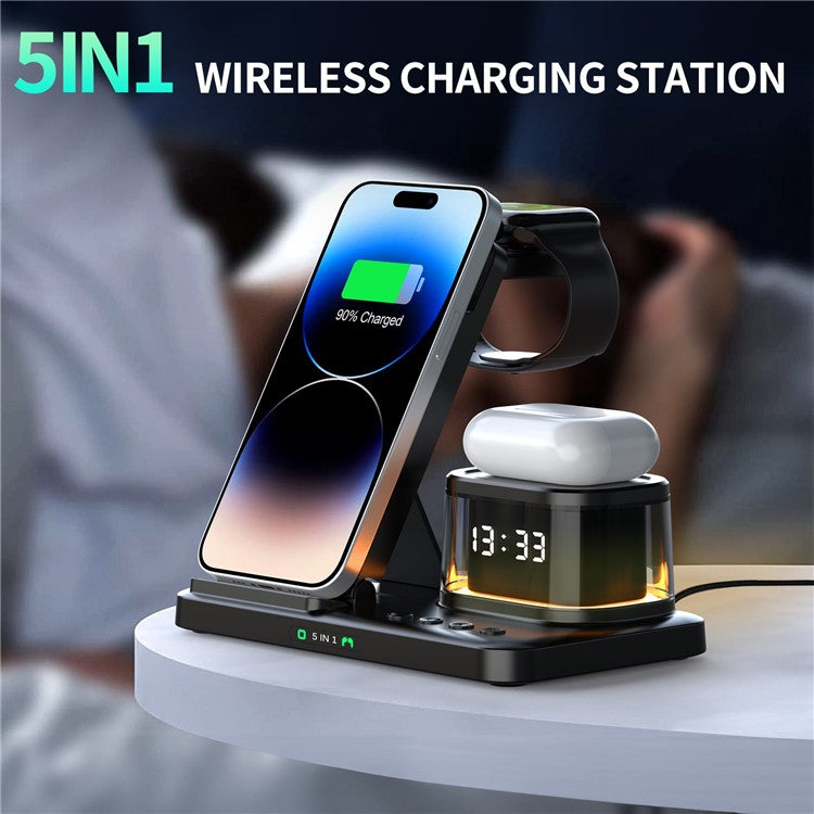 HYY-H33 5-in-1 15W Wireless Charger Folding Charging Station with Night Light - Black