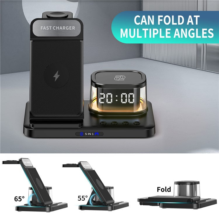 HYY-H33 5-in-1 15W Wireless Charger Folding Charging Station with Night Light - Black