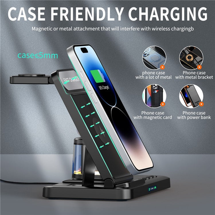 HYY-H33 5-in-1 15W Wireless Charger Folding Charging Station with Night Light - Black