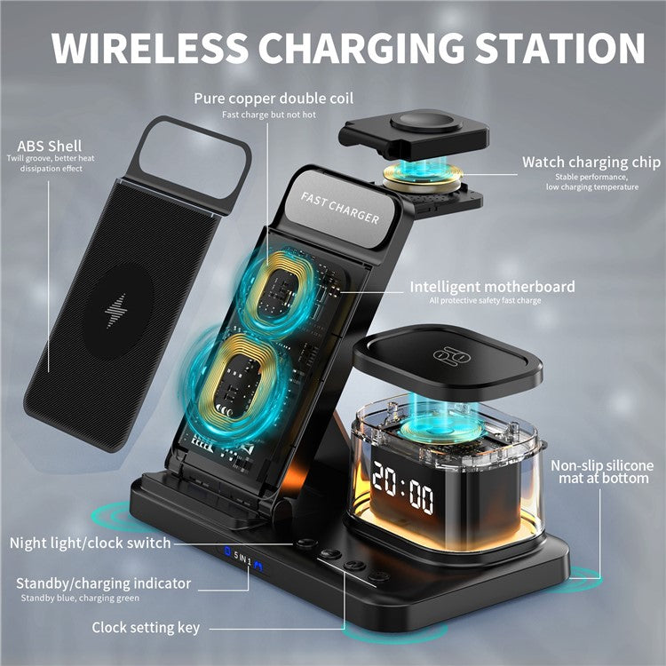 HYY-H33 5-in-1 15W Wireless Charger Folding Charging Station with Night Light - Black