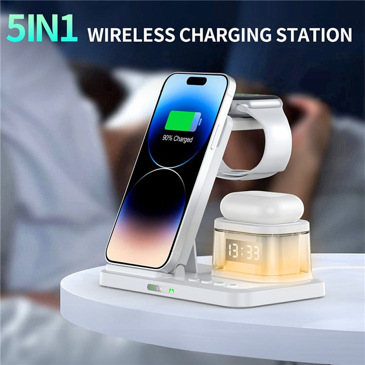 HYY-H33 5-in-1 15W Wireless Charger Folding Charging Station with Night Light - White