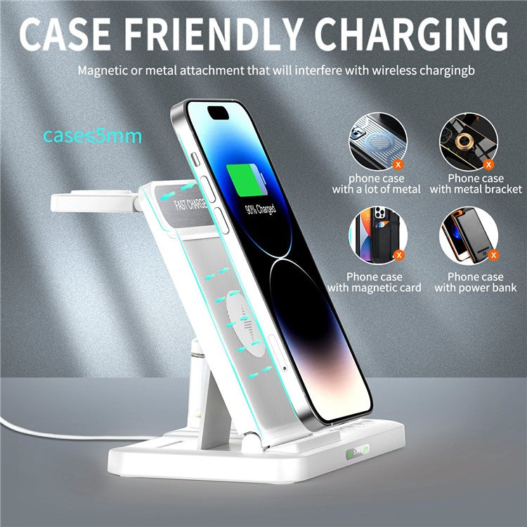 HYY-H33 5-in-1 15W Wireless Charger Folding Charging Station with Night Light - White