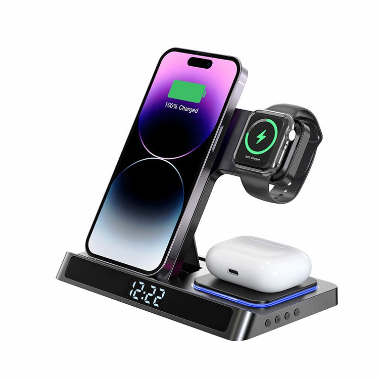 WIWU Wi-W006 Foldable Wireless Charger Phone Watch Earphone Charging Stand with Night Light and Digital Clock