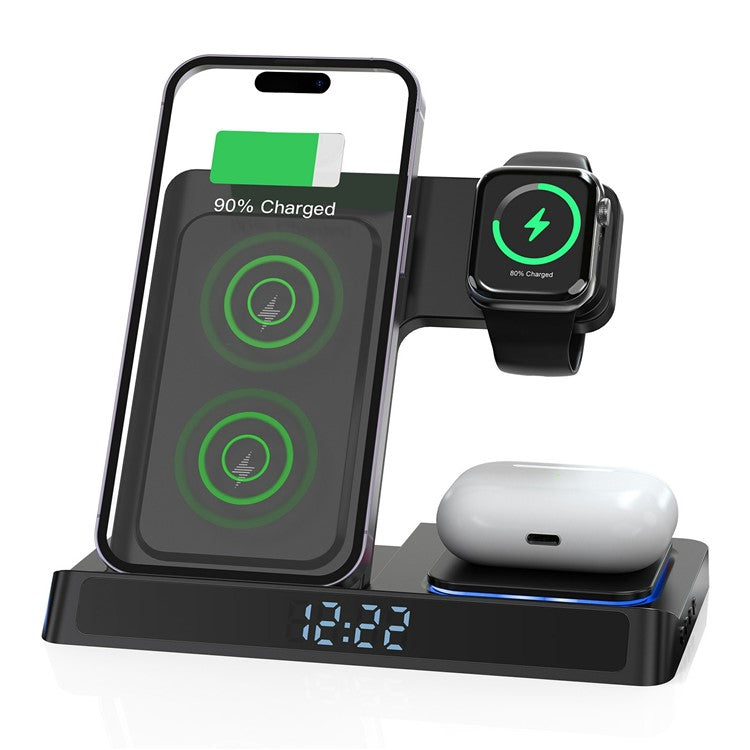 WIWU Wi-W006 Foldable Wireless Charger Phone Watch Earphone Charging Stand with Night Light and Digital Clock