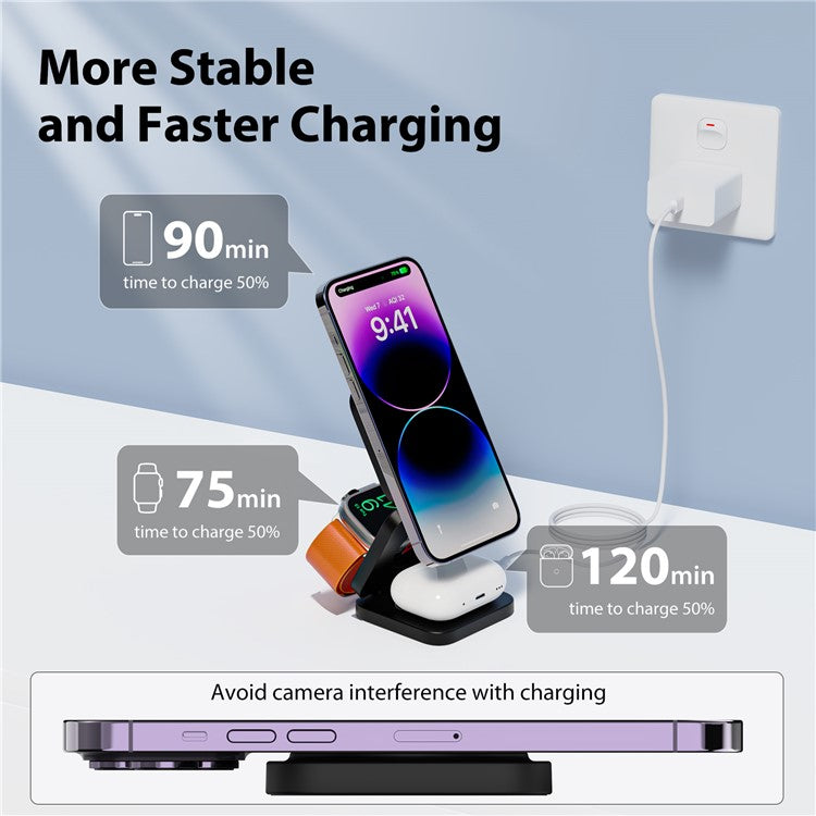 KU XIU X55 Foldable Charging Pad for iPhone Magnetic Wireless Charger for Apple Watch AirPods - Black