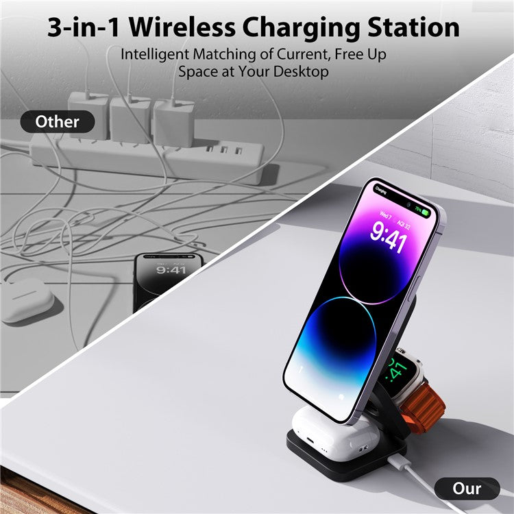 KU XIU X55 Foldable Charging Pad for iPhone Magnetic Wireless Charger for Apple Watch AirPods - Black