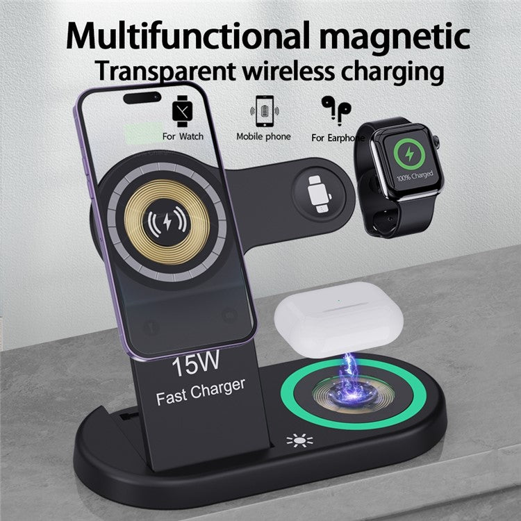 H50 Foldable Magnetic Wireless Charger for iPhone 12-15 Series / iWatch / AirPods Charging Dock with Ambient Light