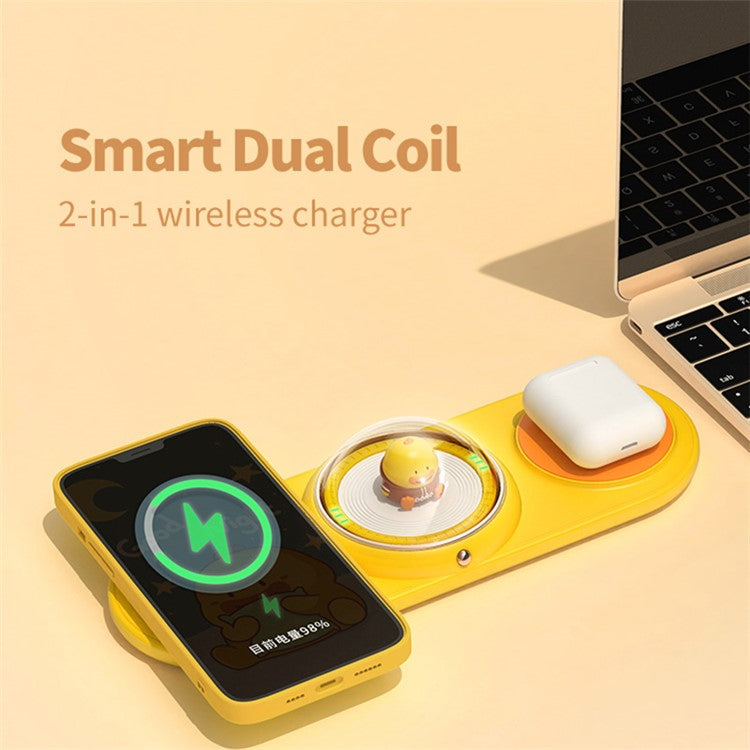 ICARER FAMILY 2-in-1 Cute Cartoon Design Wireless Charger Phone Earphone Wireless Charging Dock - Yellow