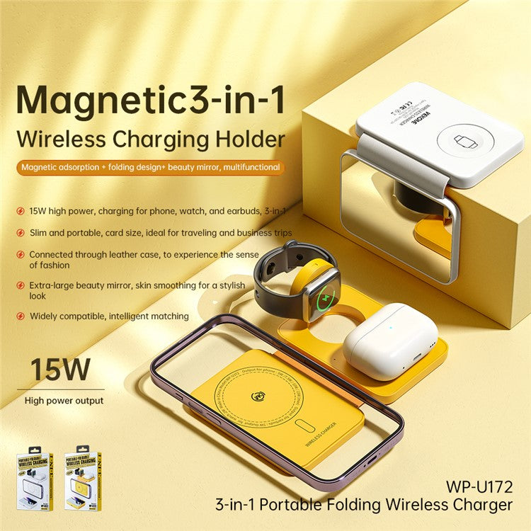 WEKOME WP-U172 Magnetic 3-in-1 15W Wireless Charging Holder Phone Earphone Watch Charger with Mirror - Yellow