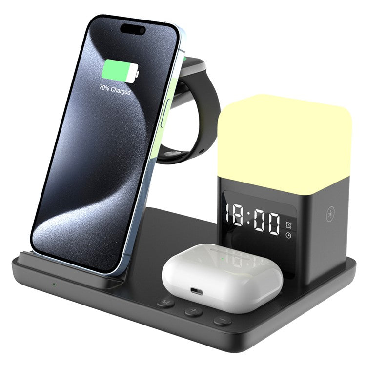 Z18 6-in-1 Wireless Charger Phone Watch Earphone Charging Stand Night Light Alarm Clock - Black