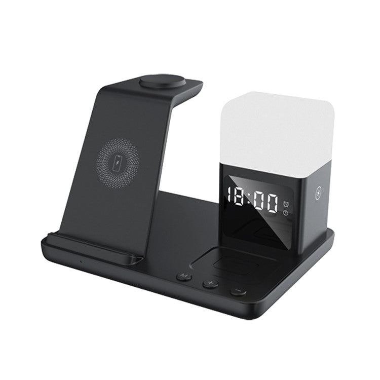 Z18 6-in-1 Wireless Charger Phone Watch Earphone Charging Stand Night Light Alarm Clock - Black