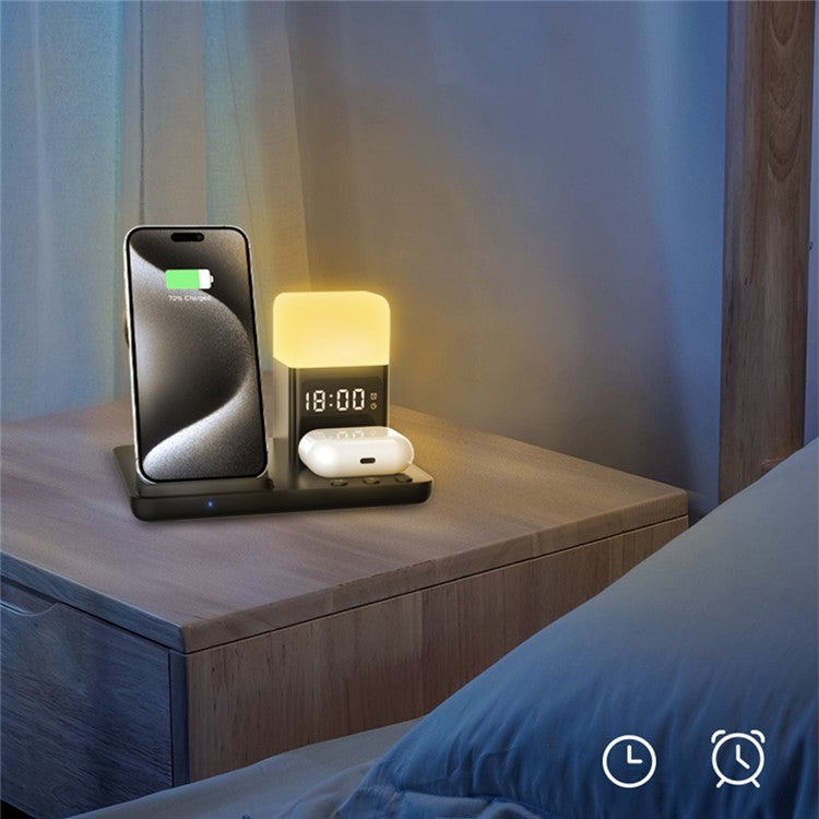 Z18 6-in-1 Wireless Charger Phone Watch Earphone Charging Stand Night Light Alarm Clock - Black