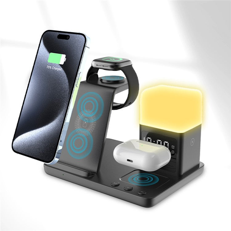 Z18 6-in-1 Wireless Charger Phone Watch Earphone Charging Stand Night Light Alarm Clock - Black