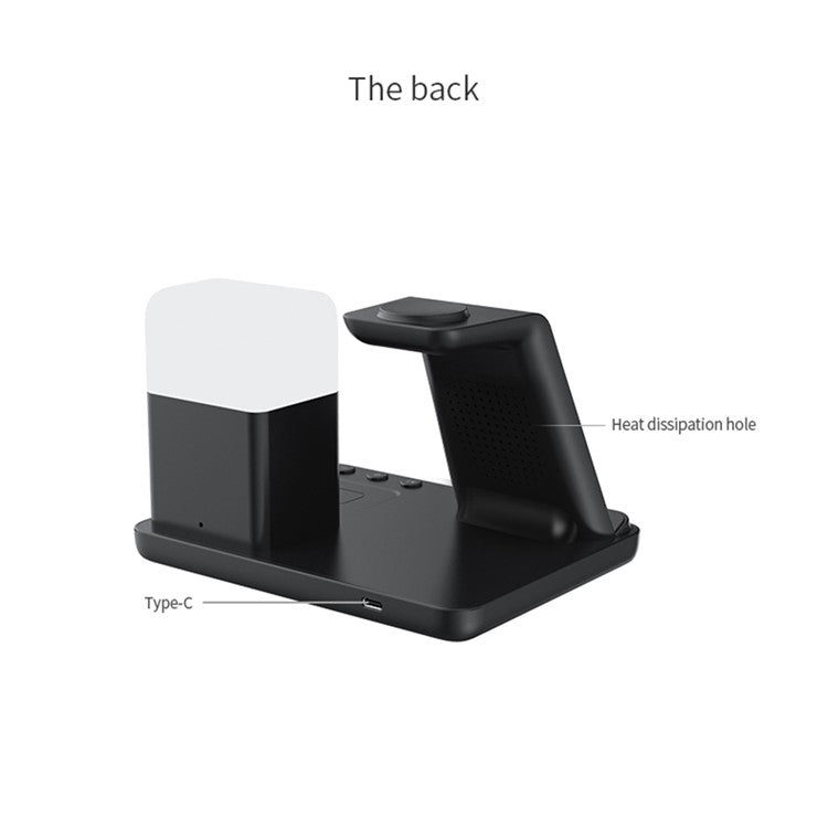 Z18 6-in-1 Wireless Charger Phone Watch Earphone Charging Stand Night Light Alarm Clock - Black