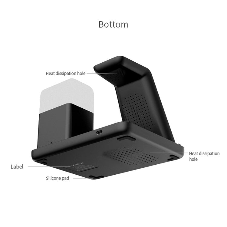 Z18 6-in-1 Wireless Charger Phone Watch Earphone Charging Stand Night Light Alarm Clock - Black