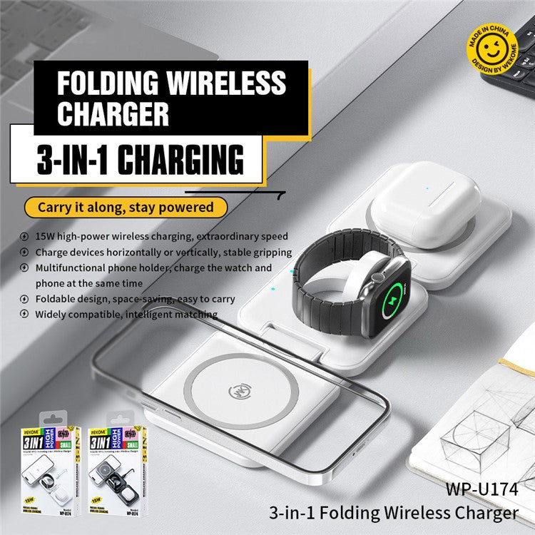 WEKOME WP-U174 3-in-1 15W Foldable Wireless Charger Phone Watch Earphone Charging Dock - White