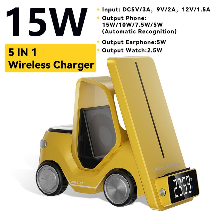 ESSAGER 15W Wireless Charger Desktop Forklift Shape Decoration Alarm Clock - Yellow