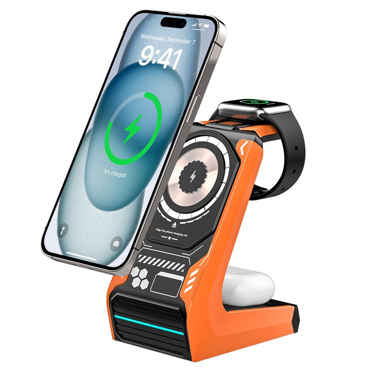 T21 3-in-1 Wireless Charging Station Mecha Charger Dock for Mobile Phone / Watch / Earbuds - Orange