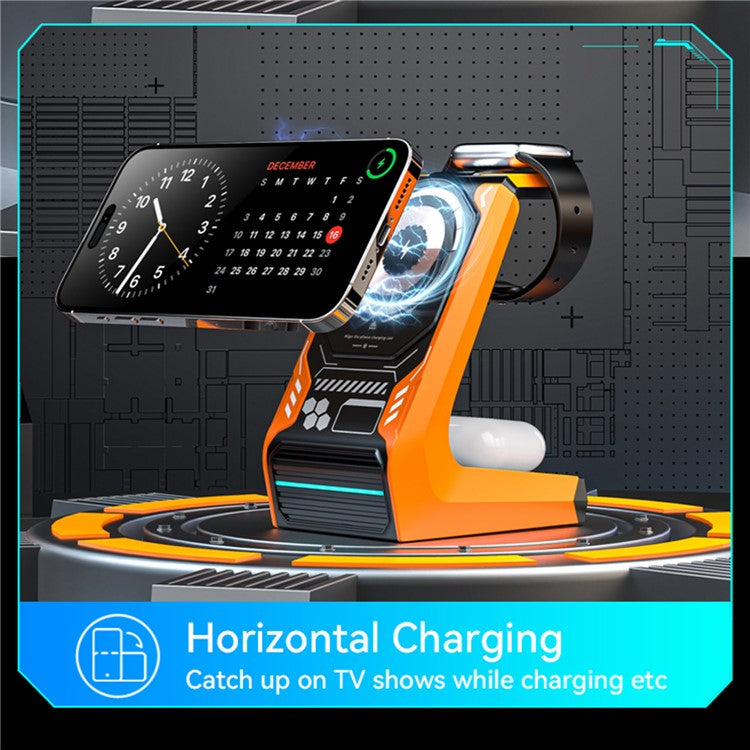 T21 3-in-1 Wireless Charging Station Mecha Charger Dock for Mobile Phone / Watch / Earbuds - Orange