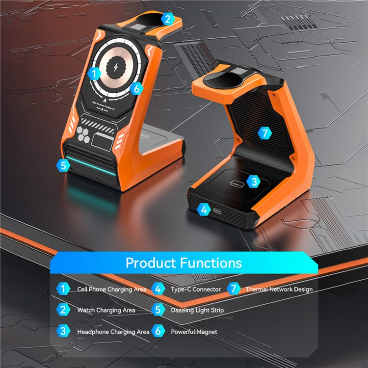 T21 3-in-1 Wireless Charging Station Mecha Charger Dock for Mobile Phone / Watch / Earbuds - Orange