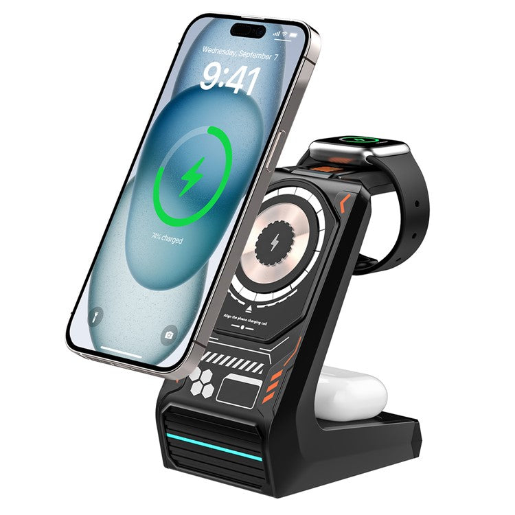 T21 3-in-1 Wireless Charging Station Mecha Charger Dock for Mobile Phone / Watch / Earbuds - Black