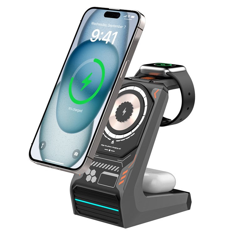 T21 3-in-1 Wireless Charging Station Mecha Charger Dock for Mobile Phone / Watch / Earbuds - Grey