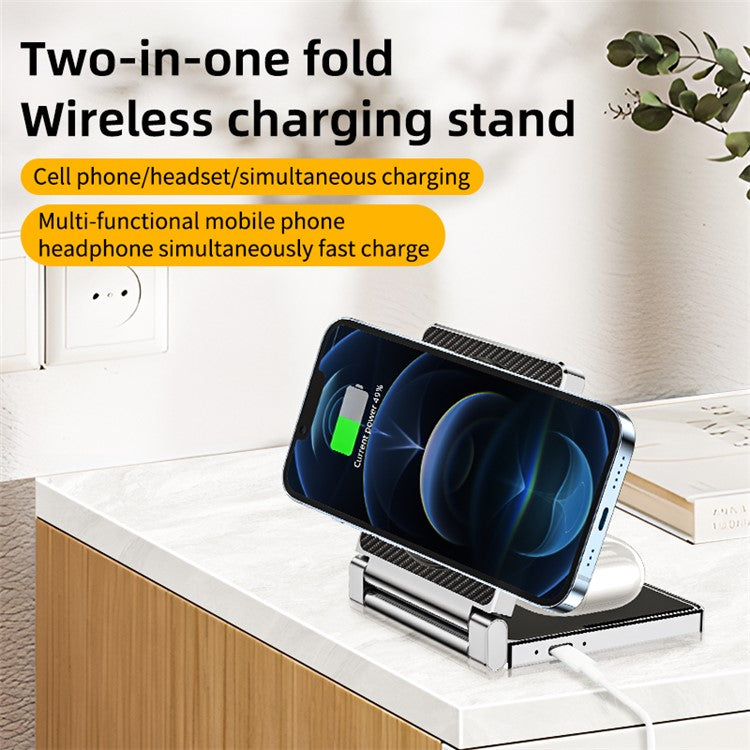 T35 15W Foldable Magnetic Wireless Charger 2-in-1 Phone Earphone Charging Dock - Black