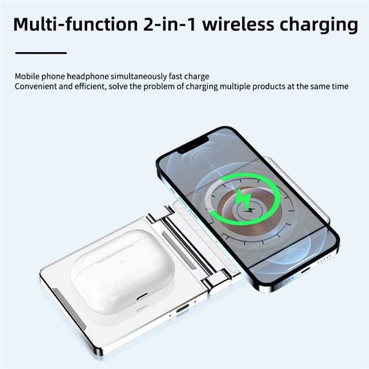 T35 15W Foldable Magnetic Wireless Charger 2-in-1 Phone Earphone Charging Dock - Black