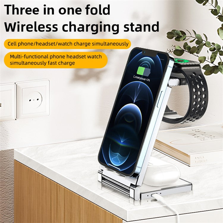 T33 3-in-1 Charging Station Foldable Wireless Charger Phone Watch Earphone Charging Stand - Black