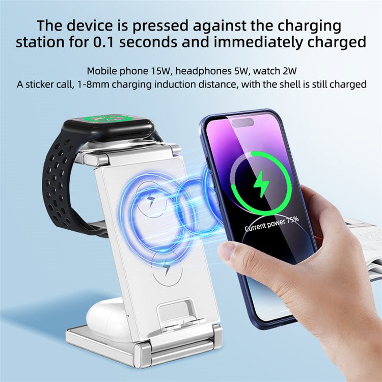 T33 3-in-1 Charging Station Foldable Wireless Charger Phone Watch Earphone Charging Stand - Black