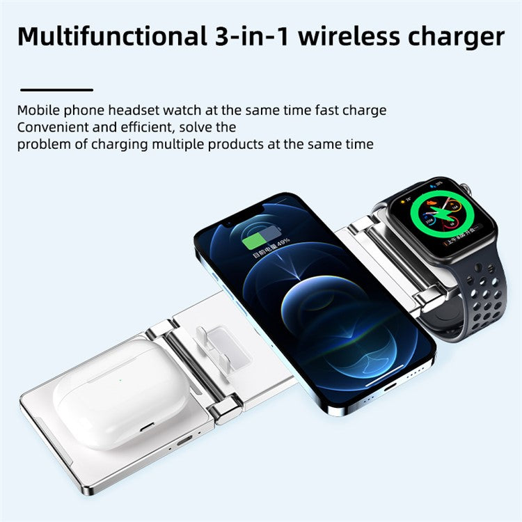 T33 3-in-1 Charging Station Foldable Wireless Charger Phone Watch Earphone Charging Stand - Black