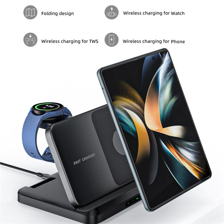 W82S Foldable 3-in-1 Wireless Charger Station for Smartphone / Earphones / Samsung Galaxy Watch - Black