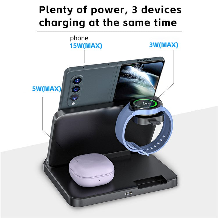 W82S Foldable 3-in-1 Wireless Charger Station for Smartphone / Earphones / Samsung Galaxy Watch - Black