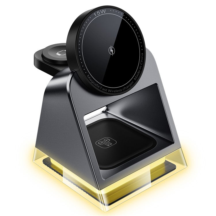 W83 3-in-1 Magnetic Wireless Charger with Crystal Night Light for Phone / Smart Watch / TWS Earbuds - Black