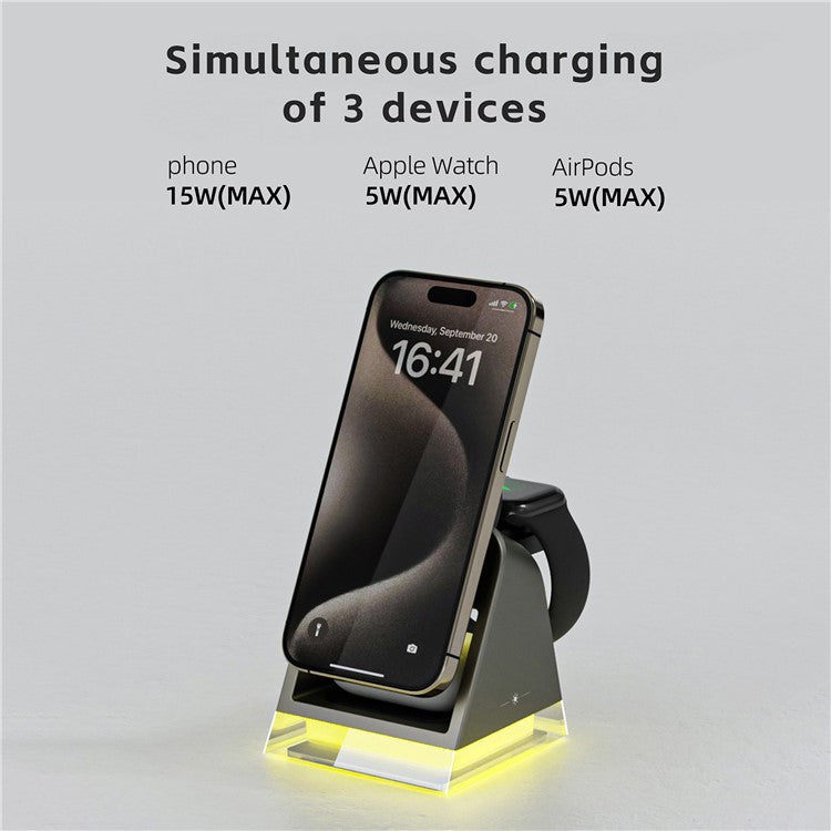 W83 3-in-1 Magnetic Wireless Charger with Crystal Night Light for Phone / Smart Watch / TWS Earbuds - Black