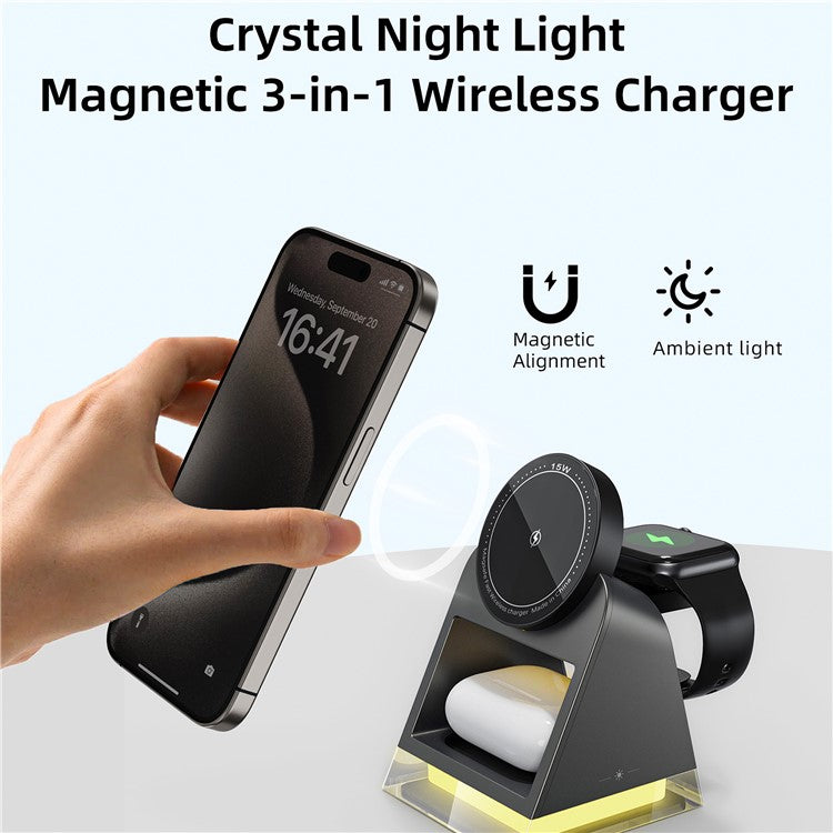 W83 3-in-1 Magnetic Wireless Charger with Crystal Night Light for Phone / Smart Watch / TWS Earbuds - Black