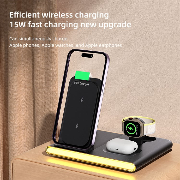 C27 3-in-1 Wireless Charger Station with Night Light for Apple / Samsung Smart Watch / Iphone / Airpods - Black