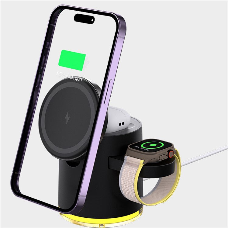 C16 For Samsung Apple Watch Airpods iPhone 15W Magnetic Wireless Charger Stand Holder with Night Light - Black