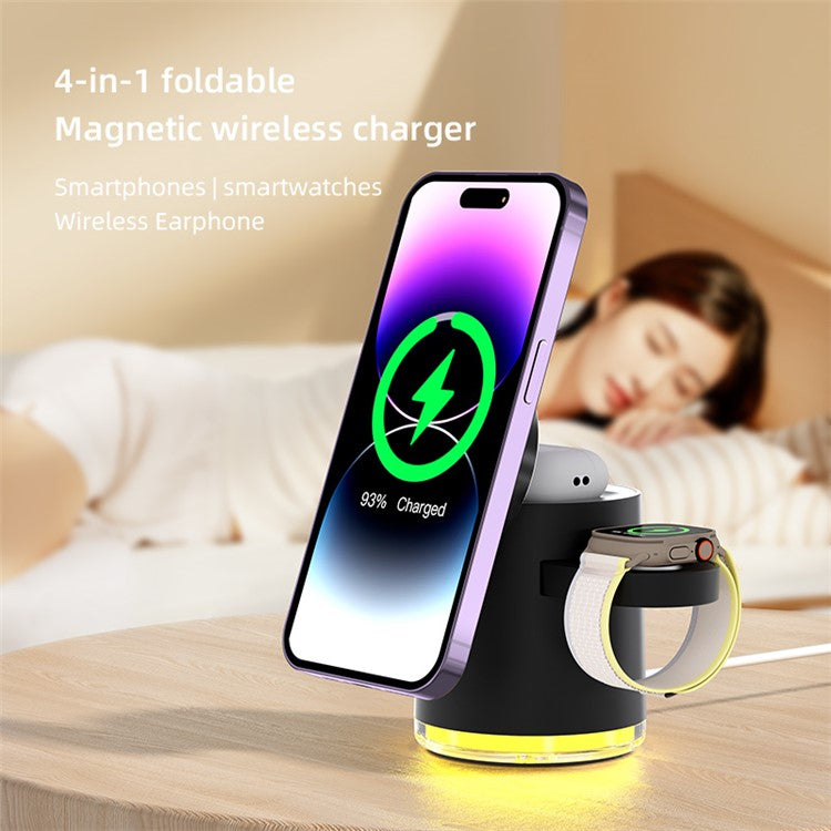 C16 For Samsung Apple Watch Airpods iPhone 15W Magnetic Wireless Charger Stand Holder with Night Light - Black