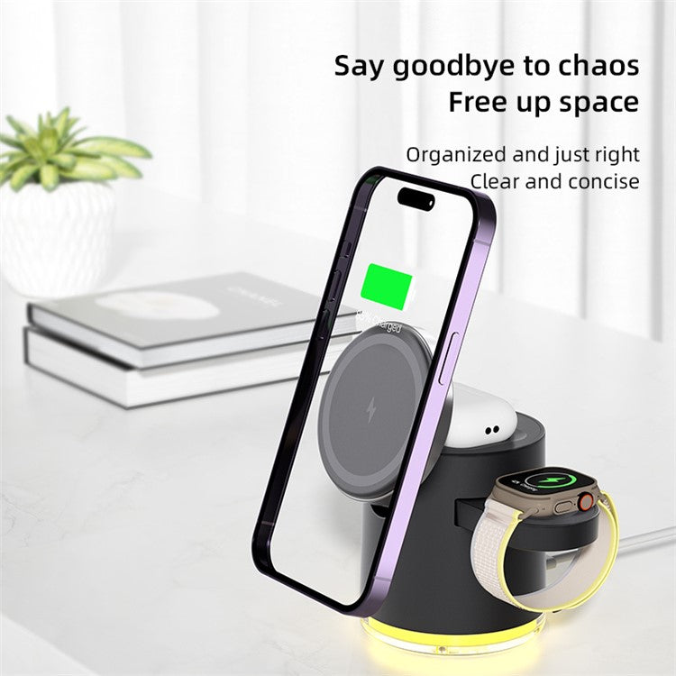 C16 For Samsung Apple Watch Airpods iPhone 15W Magnetic Wireless Charger Stand Holder with Night Light - Black