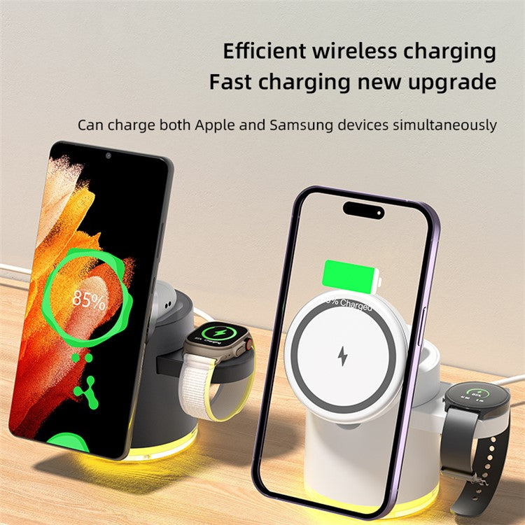 C16 For Samsung Apple Watch Airpods iPhone 15W Magnetic Wireless Charger Stand Holder with Night Light - Black