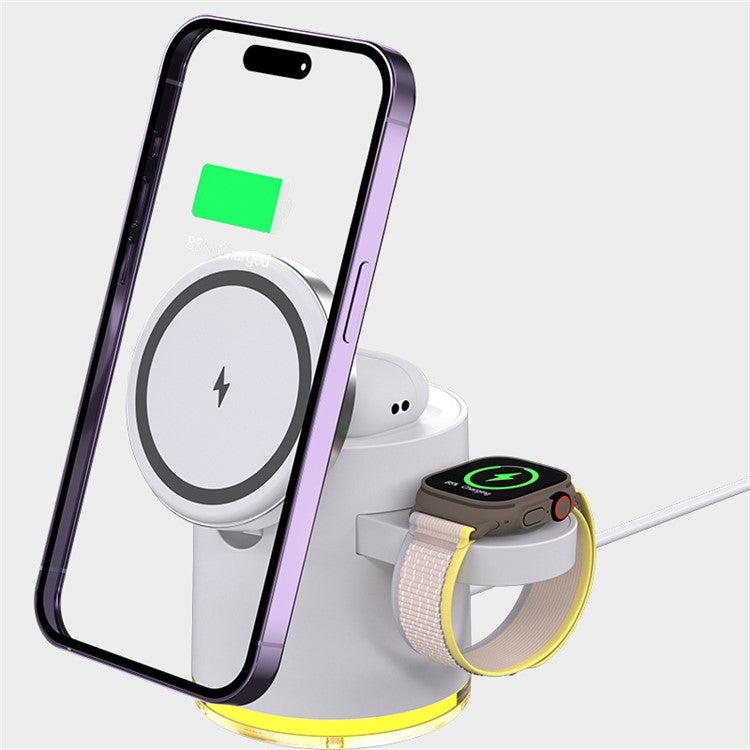 C16 For Samsung Apple Watch AirPods iPhone 15W Magnetic Wireless Charger Stand Holder with Night Light - White