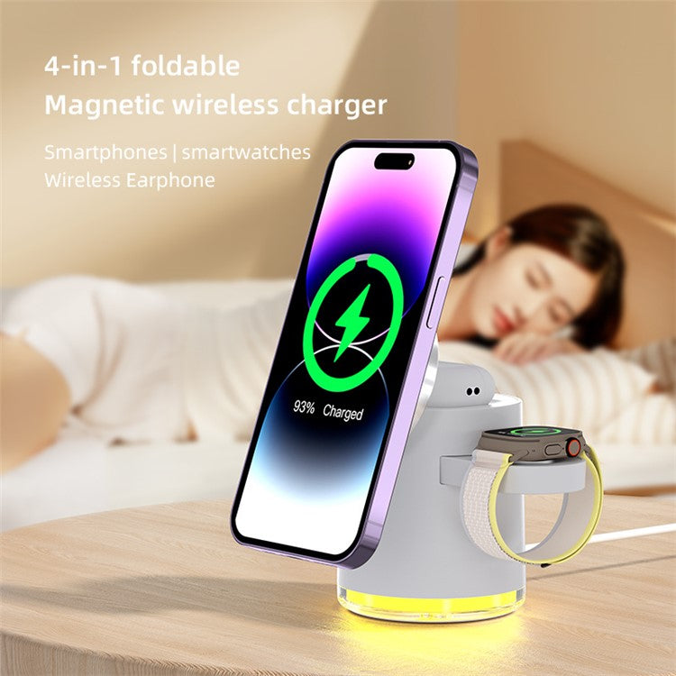 C16 For Samsung Apple Watch AirPods iPhone 15W Magnetic Wireless Charger Stand Holder with Night Light - White