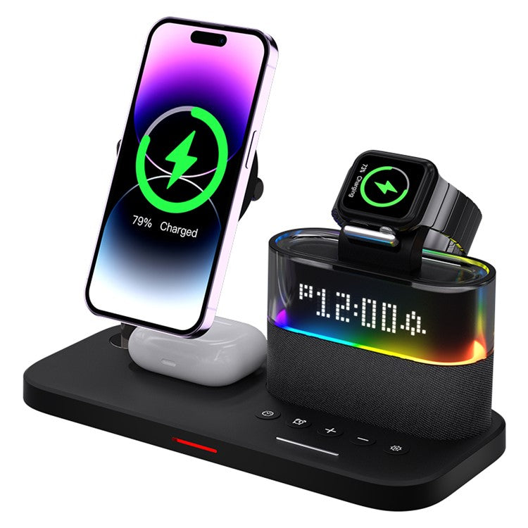 C09 Magnetic Wireless Charging Station for Phone / Airpods / Apple Watch with Alarm Clock Night Light - Black