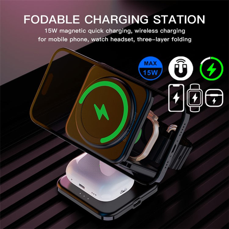 Z8 3-in-1 Foldable Charging Station 15W Magnetic Wireless Charger with Adjustable Angles - Black