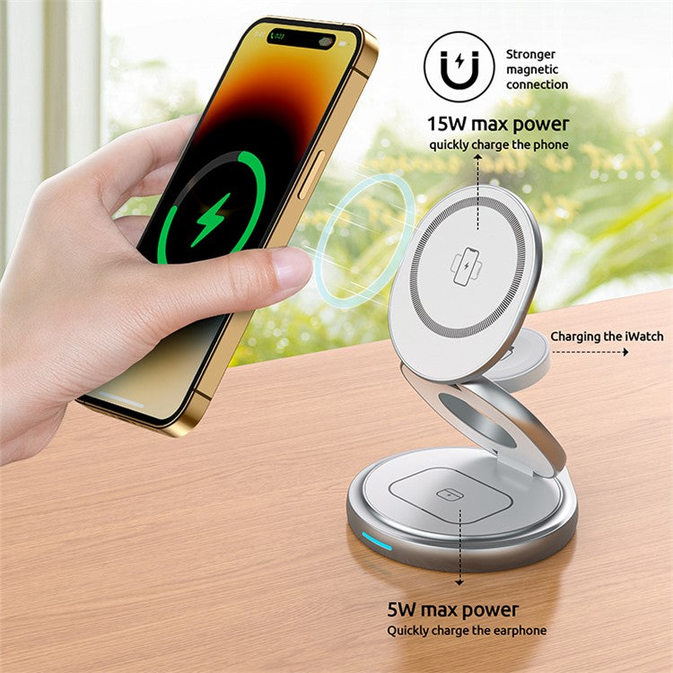 For Apple Watch / Airpods / Iphone Foldable 3-in-1 Magnetic Wireless Charging Stand with Rotatable Base - Silver