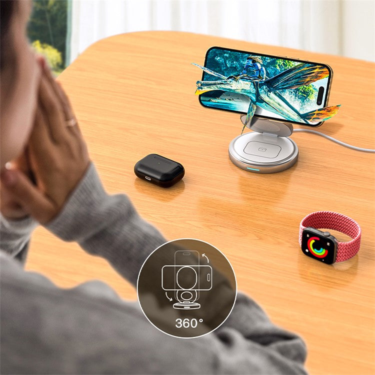 For Apple Watch / Airpods / Iphone Foldable 3-in-1 Magnetic Wireless Charging Stand with Rotatable Base - Silver