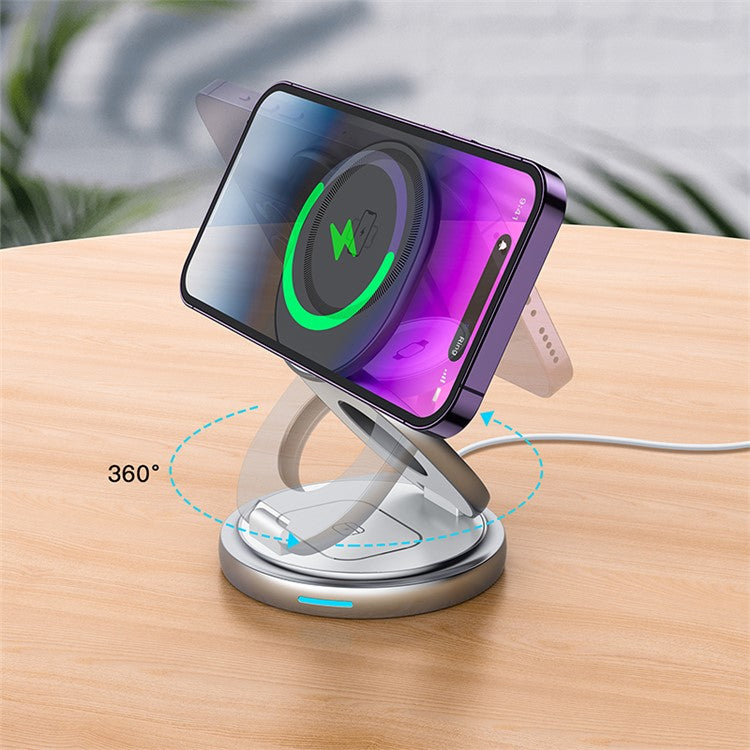 For Apple Watch / Airpods / Iphone Foldable 3-in-1 Magnetic Wireless Charging Stand with Rotatable Base - Silver